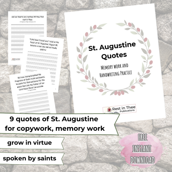 St. Augustine Copywork - Woo Commerce Shop Image Graphic with text, banners, and worksheet images