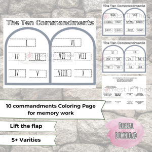 10 Commandments Catholic Coloring Page - Woo Commerce Shop Image Graphic with text, banners, and worksheet images