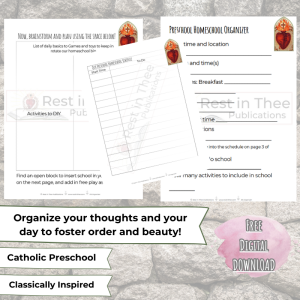 Catholic Preschool Homeschool Organizer and Schedule Woo Commerse Shop Ico with Text and Banners