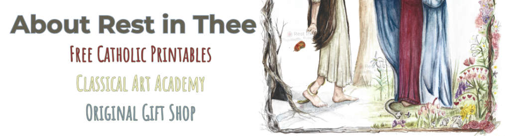About Us Banner Homeschool Resources Eva to Ave art print cropped with eve throwing apple and Mary crushing a snake water color Catholic art illustrations, text Catholic gift shop, drawing lessons, and free homeschool curriculum